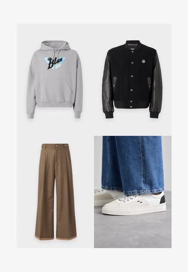 Melnā universitātes jakā ar vilnas ķermeni un ādas piedurknēm. Iekļauj snap pogas, divas sānu kabatas un logo uzplecu uz krūtīm.; Pelēks kapucis ar priekšējo kangaroo kabatu, regulējamu kapuci un tauriņa grafiku ar vārdu "Zils" melnā krāsā.; Plati bikses tumši brūnā audumā, ar divām sānu kabatām, diviem dekoratīviem priekšējiem pogām un kontrastējošu apakšējo malumu detaļu.; Balti un melni apavi ar gludu ādas virsu, teksturētiem akcentiem un masīvu baltu zoli. Iespējojot klasisku šņorējamu dizainu.