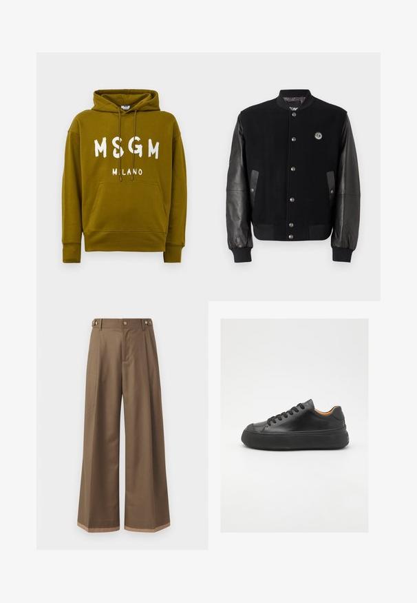 Giacca varsity nera con corpo in lana e maniche in pelle. Presenta bottoni a pressione, due tasche laterali e un'etichetta con logo sul petto.; Felpa verde oliva con testo "MSGM MILANO" in bianco sul davanti, dotata di tasca a marsupio frontale e cappuccio regolabile con lacci.; Pantaloni a gamba larga in un tessuto marrone scuro, con due tasche laterali, due bottoni decorativi frontali e un dettaglio a contrasto all'orlo.; Sneaker in pelle nera con punta tonda, allacciatura frontale, superficie liscia, suola in gomma spessa e interno a contrasto color nocciola.