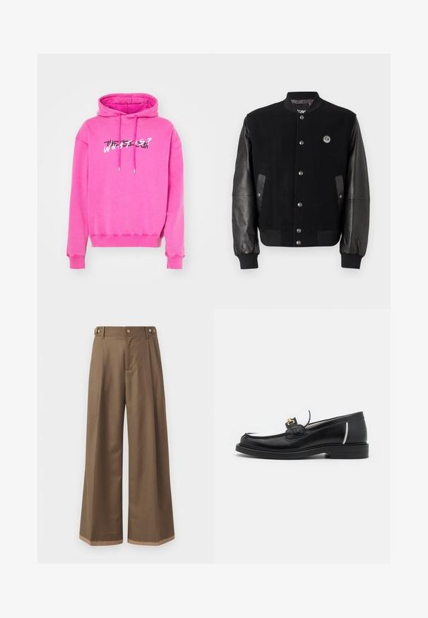 Black varsity jacket with wool body and leather sleeves. Features snap buttons, two side pockets, and a logo patch on the chest.; Pink hoodie featuring a drawstring hood, ribbed cuffs, and a graphic print that reads "WHAT IS?" in contrasting colors on the front.; Wide-leg trousers in a dark brown fabric, featuring two side pockets, two decorative front buttons, and a contrast hem detail.; Black leather loafer with a rounded toe, white accents, and gold hardware on the vamp. Features a textured patch and stacked heel.