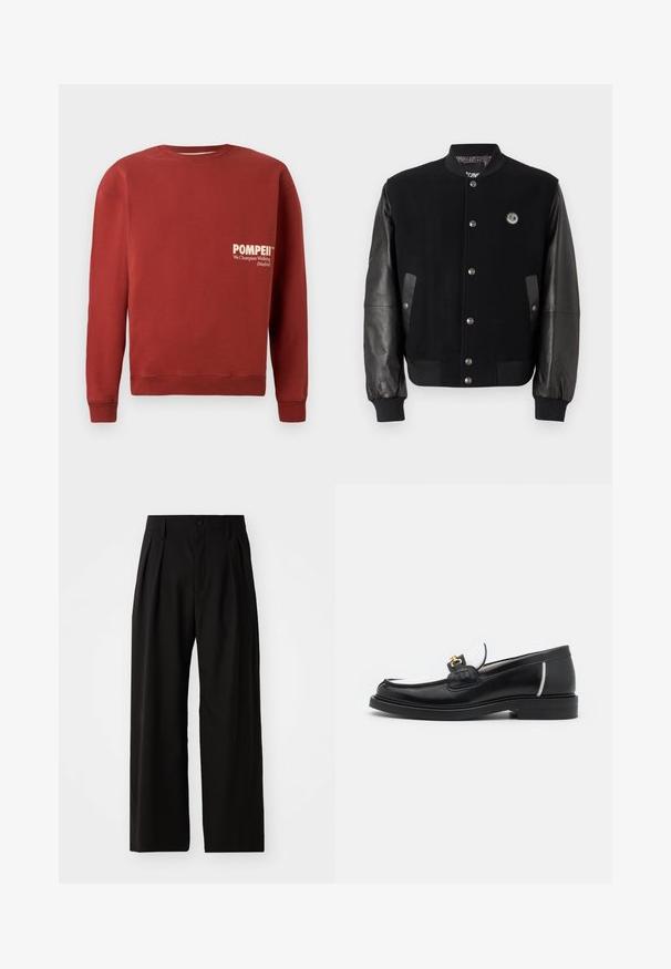 Schwarze Collegejacke mit Wollkörper und Lederärmeln. Verfügt über Druckknöpfe, zwei seitliche Taschen und ein Logo-Patch auf der Brust.; Roter Pullover mit Rundhalsausschnitt, langen Ärmeln und gerippten Bündchen. Auf der Vorderseite befindet sich weißer Text: "POMPEII" und "We Champion Walking (Madrid)".; Schwarze weit geschnittene Hose mit glatter Textur, zwei vorderen Falten, einem Knopfverschluss und seitlichen Taschen. Strapazierfähiger Stoff.; Schwarze Lederloafers mit runder Zehenpartie, weißen Akzenten und goldenen Beschlägen auf dem Vorderblatt. Verfügt über ein strukturiertes Patch und einen gestapelten Absatz.