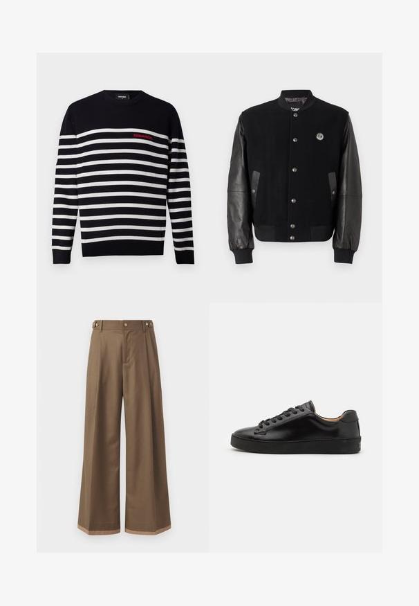 Zwarte varsityjack met een wollen lichaam en leren mouwen. Voorzien van drukknoopsluitingen, twee zijzakken en een logopatch op de borst.; Navyblauw en wit gestreepte trui met een ronde hals, voorzien van een rood "DSQUARED2" logo op de linkerborst. Zachte gebreide textuur.; Wijdvallende broek in een donkerbruine stof, met twee zijzakken, twee decoratieve knopen aan de voorkant en een contrasterende zoomdetail.; Zwarte leren sneaker met een gladde afwerking, ronde neus en zwarte veters. Heeft minimale branding op de hiel en een rubberen buitenzool.