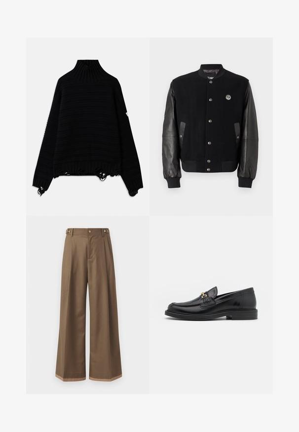 Black varsity jacket with wool body and leather sleeves. Features snap buttons, two side pockets, and a logo patch on the chest.; Black knit sweater with a ribbed, high collar, striped pattern, and distressed hems. Features long sleeves and a relaxed fit.; Wide-leg trousers in a dark brown fabric, featuring two side pockets, two decorative front buttons, and a contrast hem detail.; Black leather loafers with a rounded toe, featuring gold hardware accent and stitching detail, set on a low, textured rubber sole.