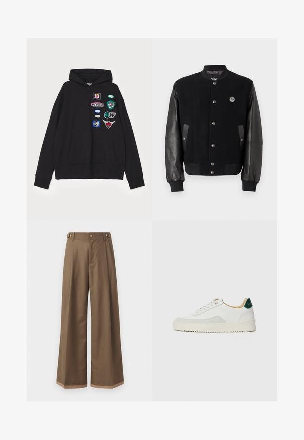Černá varsity bunda s vlněným tělem a koženými rukávy. Má patentky, dvě boční kapsy a logo na hrudi.; Černá mikina s kapucí, která má velkou přední kapsu, žebrované manžety a několik vyšívaných nášivek v různých barvách a designech.; Široké kalhoty z tmavě hnědé tkaniny, které mají dvě boční kapsy, dva dekorační přední knoflíky a kontrastní lem.; Bílé tenisky se semišovými prvky, kulatou špičkou, plochými tkaničkami a krémovou gumovou podrážkou. Na patě mají zelené logo.