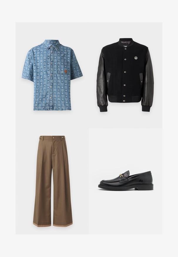 Černá varsity bunda s vlněným tělem a koženými rukávy. Má patentky, dvě boční kapsy a logo na hrudi.; Světle modrá džínsová košile s krátkým rukávem, s bílým geometrickým vzorem po celém povrchu, přední kapsou a hnědým logem, obsahující kovové knoflíky.; Široké kalhoty z tmavě hnědé tkaniny, které mají dvě boční kapsy, dva dekorační přední knoflíky a kontrastní lem.; Černé kožené mokasíny s zaoblenou špičkou, vyznačující se zlatými kovovými detaily a prošíváním, umístěné na nízké, texturované gumové podrážce.