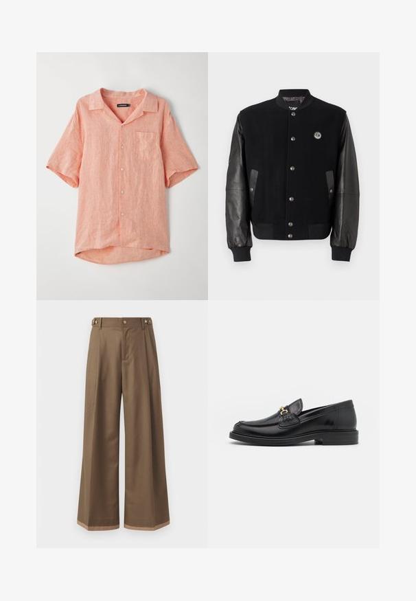 Black varsity jacket with wool body and leather sleeves. Features snap buttons, two side pockets, and a logo patch on the chest.; Short-sleeve, button-up shirt in light coral, made of textured linen fabric. Features a single chest pocket and a camp collar design.; Wide-leg trousers in a dark brown fabric, featuring two side pockets, two decorative front buttons, and a contrast hem detail.; Black leather loafers with a rounded toe, featuring gold hardware accent and stitching detail, set on a low, textured rubber sole.