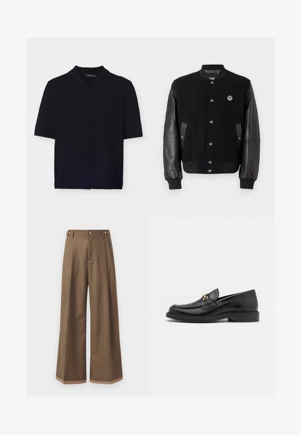 Čierna univerzitná bunda s vlneným telom a koženými rukávmi. Obsahuje cvoky, dve bočné vrecká a nášivku s logom na hrudi.; Čierna košeľa s krátkym rukávom a gombíkmi z textúrovanej látky, s golierom v štýle camp a šiestimi zodpovedajúcimi gombíkmi vpredu.; Široké nohavice z tmavohnedej textílie, s dvoma bočnými vreckami, dvoma dekoračnými prednými gombíkmi a kontrastným detailom na leme.; Čierne kožené loafers so zaoblenou špičkou, s pozlátenými kovovými prvkami a detailným šitím, uložené na nízkej, textúrovanej gumenej podrážke.