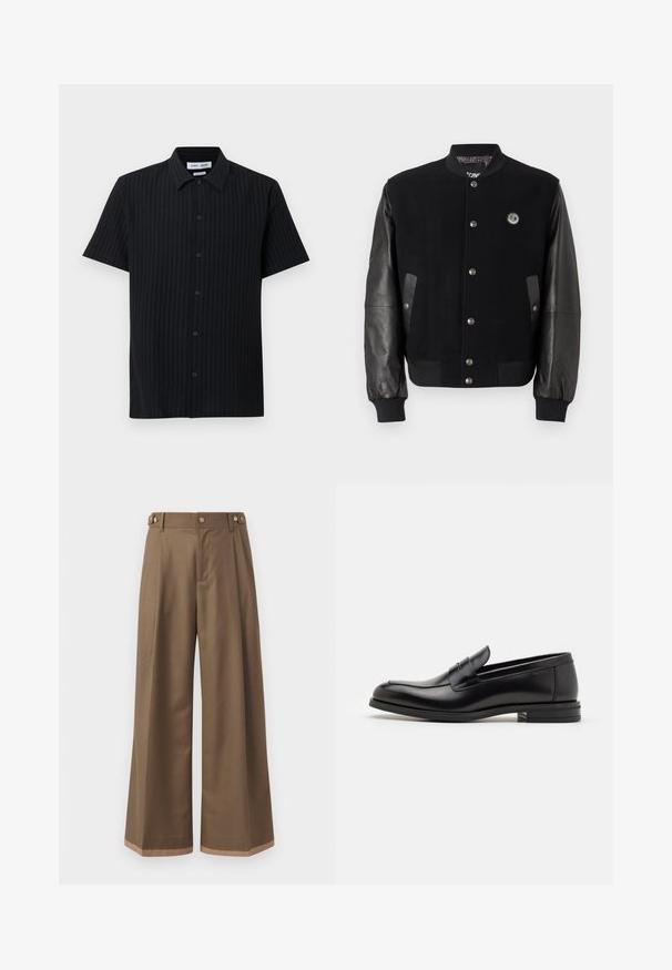 Schwarze Collegejacke mit Wollkörper und Lederärmeln. Verfügt über Druckknöpfe, zwei seitliche Taschen und ein Logo-Patch auf der Brust.; Schwarzes Kurzarmhemd mit strukturiertem vertikalem Streifenmuster, Knopfleiste vorne und klassischem Kragen in entspannter Passform.; Weite Beinkleider aus einem dunkelbraunen Stoff, mit zwei Seiten Taschen, zwei dekorativen vorderen Knöpfen und einem kontrastierenden Saumdetail.; Schwarze Lederloafers mit glatter Textur, rundem Zehenbereich und einem dekorativen Riemen über dem Vorderfuß. Niedriger, gestapelter Absatz, minimalistisches Design.