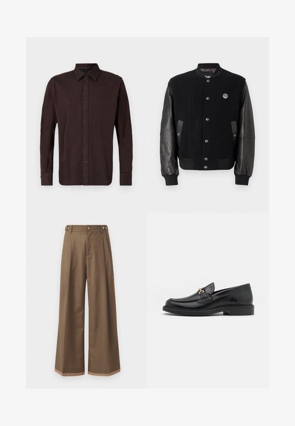 Mustaga varsity-jakk, millel on villane keha ja nahkvarrukad. Omab nööpe, kahte külgtaskut ja logo paika rinnal.; Tumepruun pikakäisteline särk, mis on valmistatud koe kangast. Omab nööbitavat kaelust, esistikku mustade nuppudega ja nööbitavaid mansette.; Laiad sääred tumepruunides pükstes, millel on kaks küljetaskut, kaks dekoratiivset nupukest ees ja kontrastne äärise detail.; Mustad nahast loafers ümarate varvastega, millel on kuldne riistvaraline aksessuaar ja tikandite detail, paigutatud madalale, tekstureeritud kummist tallale.