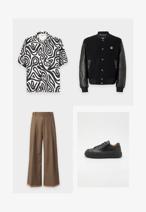 Giacca varsity nera con corpo in lana e maniche in pelle. Presenta bottoni a pressione, due tasche laterali e un'etichetta con logo sul petto.; Camicia a maniche corte con bottoni in bianco e nero con motivi astratti e organici a spirale. Realizzata in un tessuto liscio e traspirante.; Pantaloni a gamba larga in un tessuto marrone scuro, con due tasche laterali, due bottoni decorativi frontali e un dettaglio a contrasto all'orlo.; Sneaker in pelle nera con punta tonda, allacciatura frontale, superficie liscia, suola in gomma spessa e interno a contrasto color nocciola.