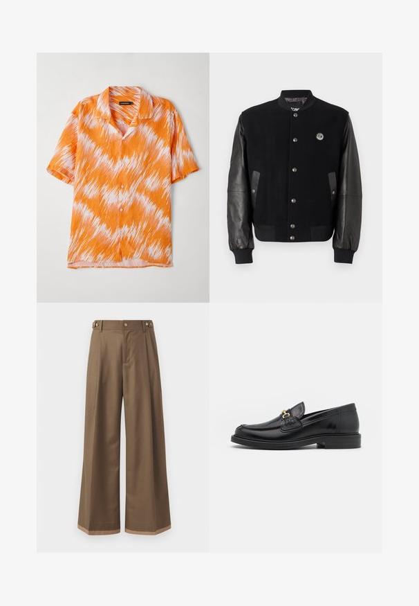 Black varsity jacket with wool body and leather sleeves. Features snap buttons, two side pockets, and a logo patch on the chest.; Short-sleeve shirt in orange and white, featuring a zigzag pattern, collared design, and button front closure. Lightweight, textured fabric.; Wide-leg trousers in a dark brown fabric, featuring two side pockets, two decorative front buttons, and a contrast hem detail.; Black leather loafers with a rounded toe, featuring gold hardware accent and stitching detail, set on a low, textured rubber sole.