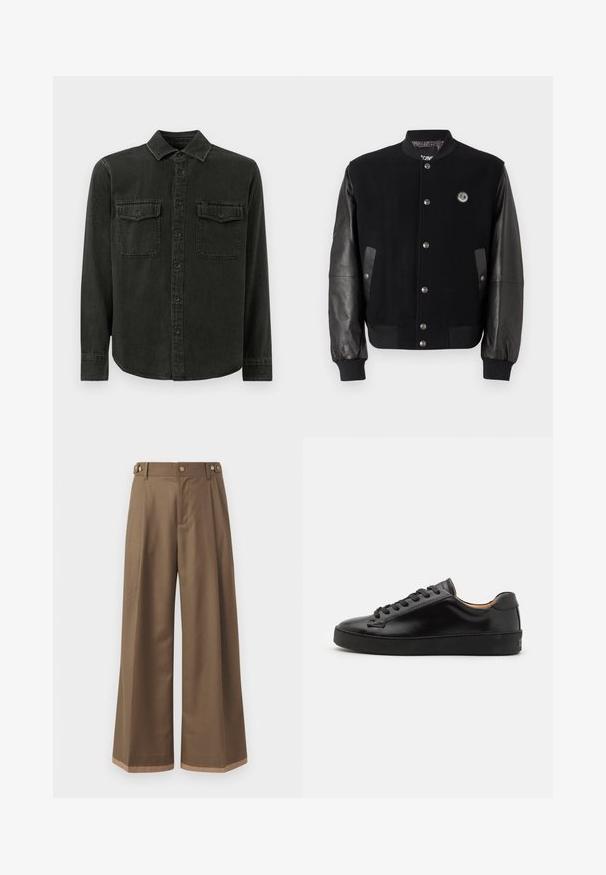 Jachetă universitară neagră cu corp din lână și mâneci din piele. Prezintă nasturi tip snap, două buzunare laterale și un patch cu logo pe piept.; Cămașă închisă la culoare, de tip button-up, confecționată dintr-un material moale, având guler, două buzunare pe piept, mâneci lungi și un tiv drept.; Pantaloni largi dintr- о țesătură maro închis, prevăzuți cu două buzunare laterale, două butoane decorative în față și un detaliu de tiv în contrast.; Tenis cu un aspect neted, din piele neagră, cu vârf rotund și șireturi negre. Prezentă o branding minim pe călcâi și o talpă din cauciuc.
