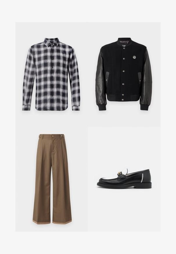 Jachetă universitară neagră cu corp din lână și mâneci din piele. Prezintă nasturi tip snap, două buzunare laterale și un patch cu logo pe piept.; Cămașă în carouri alb-negru, cu mâneci lungi, colorată, realizată dintr-un material ușor cu o textură moale, având nasturi negri.; Pantaloni largi dintr- о țesătură maro închis, prevăzuți cu două buzunare laterale, două butoane decorative în față și un detaliu de tiv în contrast.; Mocasin din piele neagră cu vârful rotund, accente albe și detalii din aur pe partea superioară. Prezintă o pată texturată și un toc stratificat.