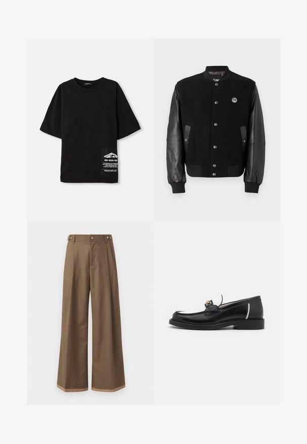 Schwarze Collegejacke mit Wollkörper und Lederärmeln. Verfügt über Druckknöpfe, zwei seitliche Taschen und ein Logo-Patch auf der Brust.; Schwarzes, übergroßes T-Shirt aus Baumwolle, mit kurzen Ärmeln, rundem Halsausschnitt und einem Etikett mit weißem Text auf einer seitlichen Brusttasche.; Weite Beinkleider aus einem dunkelbraunen Stoff, mit zwei Seiten Taschen, zwei dekorativen vorderen Knöpfen und einem kontrastierenden Saumdetail.; Schwarze Lederloafers mit runder Zehenpartie, weißen Akzenten und goldenen Beschlägen auf dem Vorderblatt. Verfügt über ein strukturiertes Patch und einen gestapelten Absatz.