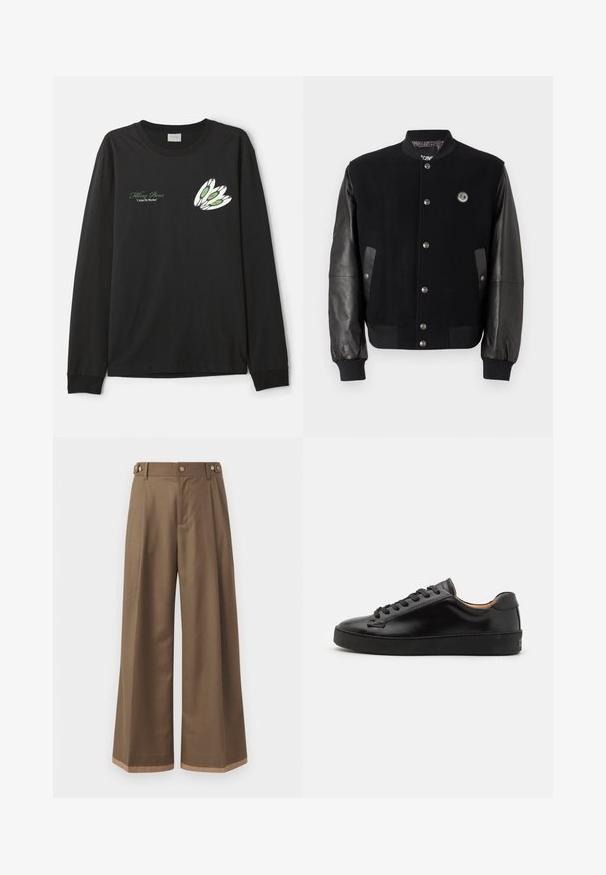 Mustan yliopistotakin villaiset osat ja nahkahiha. Ominaisuuksiin kuuluu napsunapit, kaksi sivutaskua ja logo-patch rinnassa.; Mustat pitkät hihaiset t-paidat, jotka on valmistettu puuvillasta, esittävät kolmea valkoista sulkaa, joissa on vihreitä ja punaisia yksityiskohtia vasemmalla rinnalla.; Valkoiset housut tummasta ruskeasta kankaasta, joissa on kaksi sivutaskua, kaksi koristeellista etunappia ja kontrastivärinen helma.; Musta nahkakengät, joissa on sileä pinta, pyöreä kärki ja mustat nauhat. Varustettu vähäisellä brändäyksellä kantapäässä ja kumipohjalla.