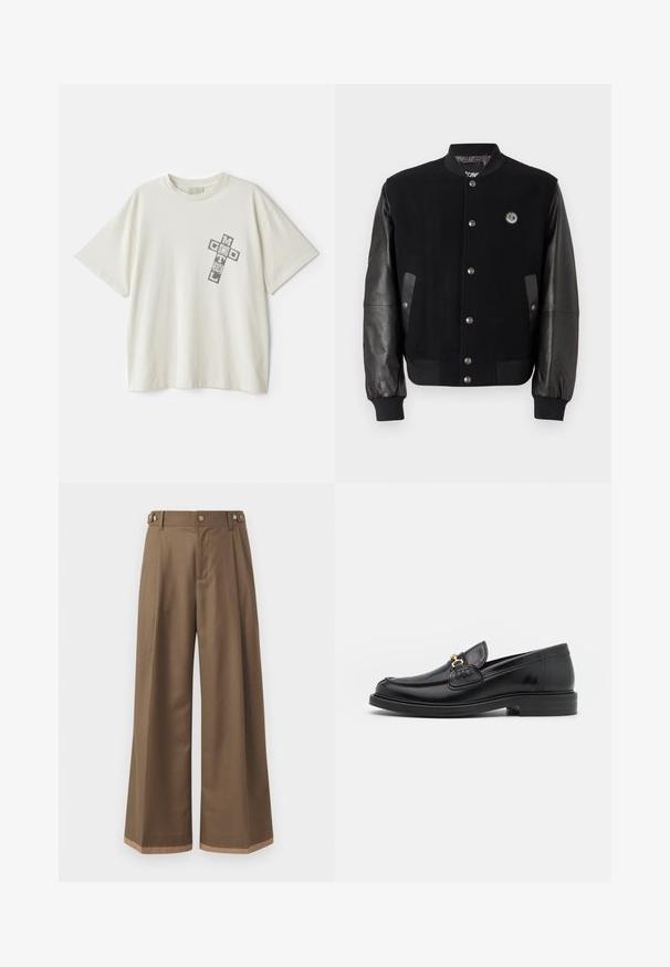 Black varsity jacket with wool body and leather sleeves. Features snap buttons, two side pockets, and a logo patch on the chest.; Cream-colored cotton t-shirt with short sleeves; features a graphic print saying "MOTEL" and "GOD" in a cross arrangement on the left chest.; Wide-leg trousers in a dark brown fabric, featuring two side pockets, two decorative front buttons, and a contrast hem detail.; Black leather loafers with a rounded toe, featuring gold hardware accent and stitching detail, set on a low, textured rubber sole.