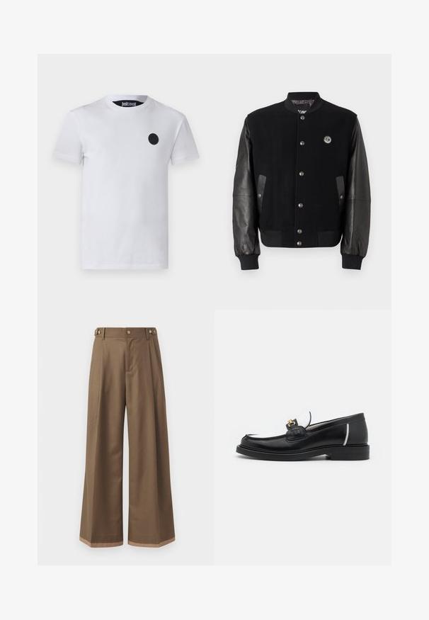 Μαύρο μπουφάν varsity με σώμα από μάλλινο ύφασμα και δερμάτινα μανίκια. Διαθέτει κουμπιά με σταγόνα, δύο πλαϊνές τσέπες και λογότυπο κοντά στο στήθος.; Λευκό βαμβακερό T-shirt που διαθέτει στρογγυλό μαύρο λογότυπο στο αριστερό στήθος, κλασική στρογγυλή λαιμόκοψη και κοντά μανίκια. Λείο υλικό.; Μακριά παντελόνια από σκούρο καφέ ύφασμα, με δύο πλαϊνές τσέπες, δύο διακοσμητικά κουμπιά μπροστά και λεπτομέρεια στο τελείωμα σε αντίθεση.; Μαύρη δερμάτινη λοφάρε με στρογγυλή μύτη, λευκές λεπτομέρειες και χρυσά αξεσουάρ στη μέση. Διαθέτει υφασμάτινη επένδυση και ψηλό τακούνι.