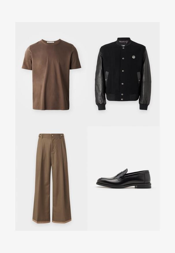 Černá varsity bunda s vlněným tělem a koženými rukávy. Má patentky, dvě boční kapsy a logo na hrudi.; Hnědý bavlněný tričko s kulatým výstřihem, krátkými rukávy a hladkou texturou. Na výstřihu se nachází štítek "TIGER OF SWEDEN".; Široké kalhoty z tmavě hnědé tkaniny, které mají dvě boční kapsy, dva dekorační přední knoflíky a kontrastní lem.; Černé kožené polobotky s hladkou texturou, zaoblenou špičkou a zdobným páskem přes nárt. Nízký stohovaný podpatek, minimalistický design.