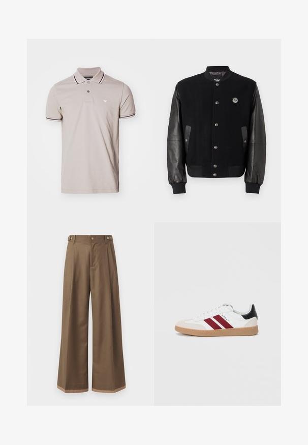 Černá varsity bunda s vlněným tělem a koženými rukávy. Má patentky, dvě boční kapsy a logo na hrudi.; Světle béžové polo tričko vyrobené z bavlny, s tříknoflíkovou légou, černobíle pruhovaným límcem a manžetami rukávů, a malým logem.; Široké kalhoty z tmavě hnědé tkaniny, které mají dvě boční kapsy, dva dekorační přední knoflíky a kontrastní lem.; Bílé nízké tenisky s dvěma vínovými pruhy, semišovou špičkou a černým detailem na patě, s gumovou podrážkou.
