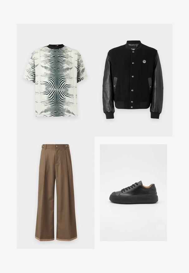 Juodas universiteto tipo švarkas su vilnoniu kūnu ir odinėmis rankovėmis. Yra užsegimai su snapais, dvi šoninės kišenės ir logotipas ant krūtinės.; Trumpo rankovėmis marškinėliai iš kreminės medžiagos su juodu zebro dryžių raštu, su apvaliu kaklu ir laisvu siluetu.; Plati kelnės tamsiai rudos spalvos audinys, su dviem šoninėmis kišenėmis, dviem dekoratyviniais priekinias mygtukais ir kontrastingu apdaila apačioje.; Juodos odinės sportinės bateliai su apvaliu pirštu, raištelių užsegimu, lygiu paviršiumi, storu guminio pado ir kontrastinga tan spalvos vidine puse.