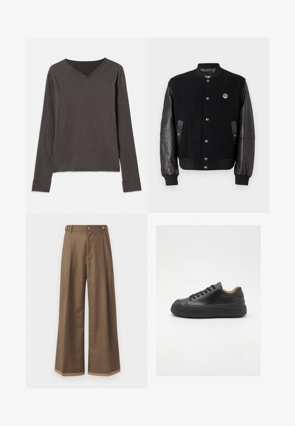 Sort varsity jakke med uldkrop og læderærmer. Har trykknapper, to sidelommer og et logo-patch på brystet.; Langærmet top i mørkegrå, med V-halsudskæring og knaplukning med fire knapper. Blødt stof med en løs pasform og syede manchetter.; Bredde ben bukser i et mørkebrunt stof, der har to sidelommer, to dekorative forreste knapper og en kontrast kant.; Sort lædersneaker med rund tå, snørebånd foran, glat overflade, tyk gummisål og kontrasterende tan inderside.