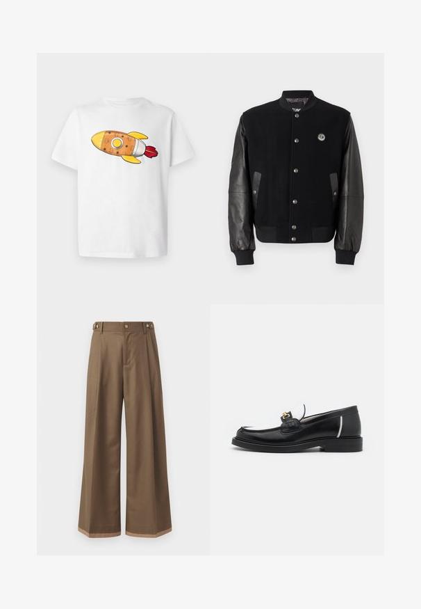 Czarna kurtka varsity z wełnianym korpusem i skórzanymi rękawami. Posiada napy, dwie boczne kieszenie i naszywkę z logo na piersi.; Biała koszulka z kolorową grafiką rakiety. Rakieta jest pomarańczowa z żółtymi akcentami, srebrnymi detalami i czerwonymi płomieniami.; Spodnie o szerokich nogawkach w ciemno brązowym materiale, z dwiema bocznymi kieszeniami, dwiema dekoracyjnymi guzikami z przodu oraz kontrastowym wykończeniem u dołu.; Czarne skórzane mokasyny z zaokrąglonym noskiem, białymi akcentami i złotymi elementami na wierzchu. Posiadają teksturowaną łatkę i piętę złożoną.