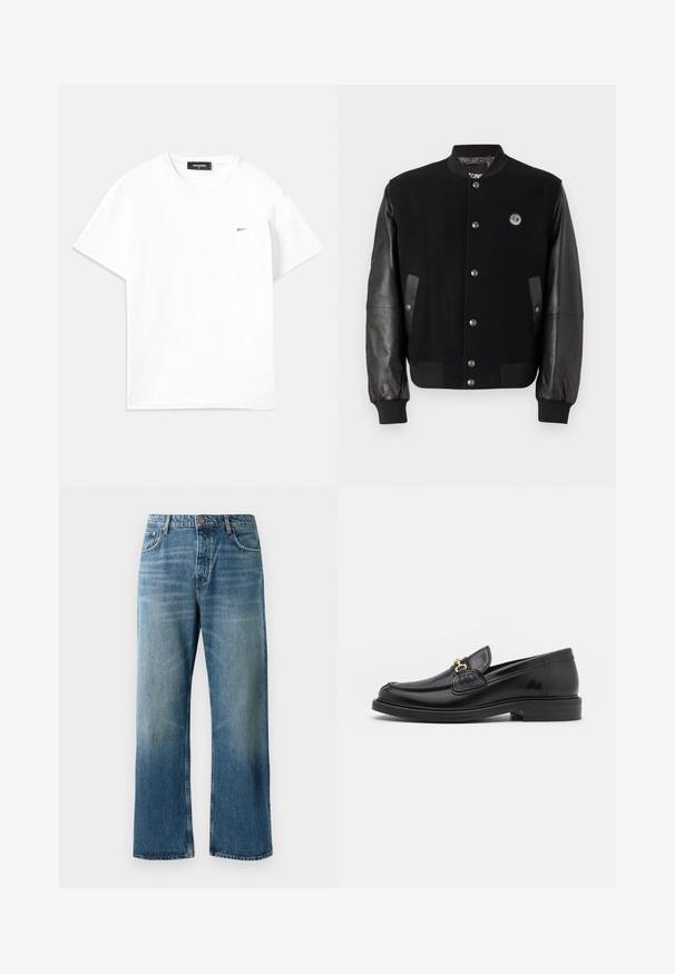 Zwarte varsityjack met een wollen lichaam en leren mouwen. Voorzien van drukknoopsluitingen, twee zijzakken en een logopatch op de borst.; Witte katoenen t-shirt met korte mouwen, v-hals en een klein, zilveren logo op de linkerkant van de borst. Eenvoudig ontwerp met een soepele textuur.; Lichtblauwe wijde jeans met een vervaagde wassing, voorzien van een enkele knoopsluiting, vijf zakken en contrasterende stiksels.; Zwarte leren instappers met een ronde neus, voorzien van een gouden hardware accent en stikdetails, geplaatst op een lage, getextureerde rubberen zool.