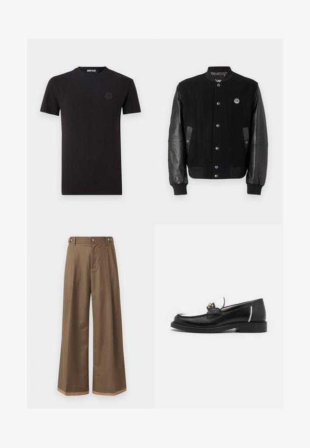 Jachetă universitară neagră cu corp din lână și mâneci din piele. Prezintă nasturi tip snap, două buzunare laterale și un patch cu logo pe piept.; Tricou negru din bumbac cu guler rotund și mâneci scurte. Prezintă un mic logo circular în zona stângă a pieptului.; Pantaloni largi dintr- о țesătură maro închis, prevăzuți cu două buzunare laterale, două butoane decorative în față și un detaliu de tiv în contrast.; Mocasin din piele neagră cu vârful rotund, accente albe și detalii din aur pe partea superioară. Prezintă o pată texturată și un toc stratificat.