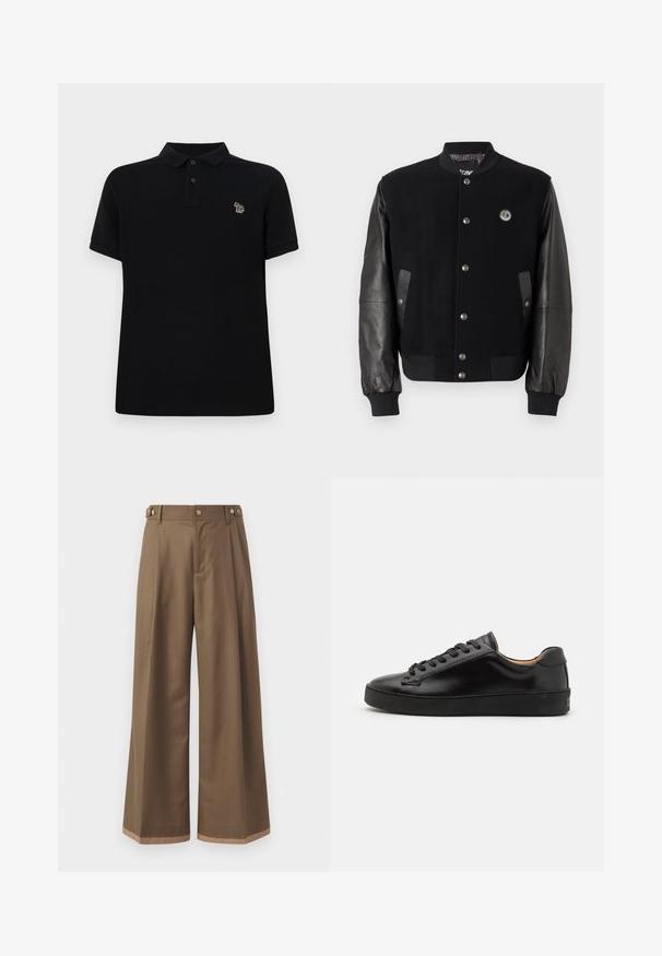 Fekete egyetemi dzseki gyapjús testtel és bőr ujjakkal. Kaponás gombokkal, két oldalsó zsebbel és logóval ellátott folttal a mellkason.; Fekete pólóing, pamutból készült. Klasszikus gallérral, háromgombos nyitással, rövid ujjakkal és egy kis, színes hímzett logóval rendelkezik.; Sötétbarna anyagú, bővített szárú nadrág, két oldalsó zsebbel, két díszítő elülső gombbal és kontrasztos szegérrésszel.; Fekete bőr sneaker sima felülettel, kerek orral és fekete fűzőkkel. Minimalista logó található a sarokon, valamint gumitalpa van.