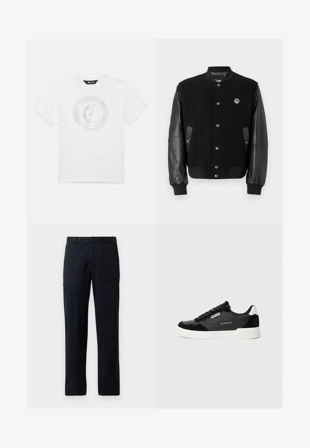 Juodas universiteto tipo švarkas su vilnoniu kūnu ir odinėmis rankovėmis. Yra užsegimai su snapais, dvi šoninės kišenės ir logotipas ant krūtinės.; Balta trumpa rankovėmis marškinėliai su apvaliu iškirpimu, priekyje su sidabriniu apvaliu gyvate ir raide "J" logotipu bei užrašu "Just Cavalli".; Juodi tiesūs kelnės pagamintos iš lygios medžiagos. Yra vienas mygtuko uždarymas ir diržo kilpos, be matomų raštų ar akcentų.; Juodas ir baltas žemas sportinis batelis su juodais raišteliais, balta padu, Just Cavalli logo šone ir balta kulno juostele.