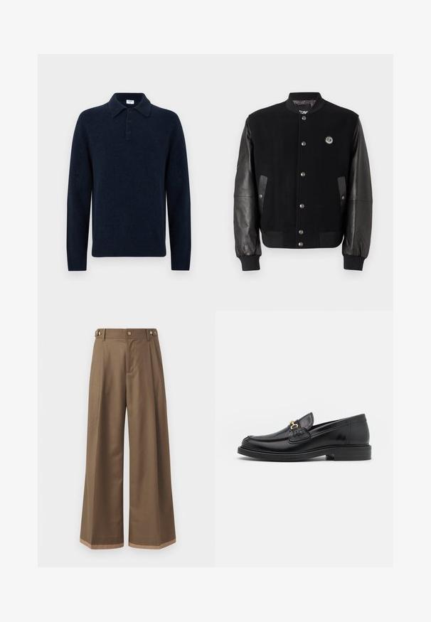 Black varsity jacket with wool body and leather sleeves. Features snap buttons, two side pockets, and a logo patch on the chest.; Navy blue long-sleeve knit polo sweater with three buttons and a folded collar, displayed on a white background.; Wide-leg trousers in a dark brown fabric, featuring two side pockets, two decorative front buttons, and a contrast hem detail.; Black leather loafers with a rounded toe, featuring gold hardware accent and stitching detail, set on a low, textured rubber sole.