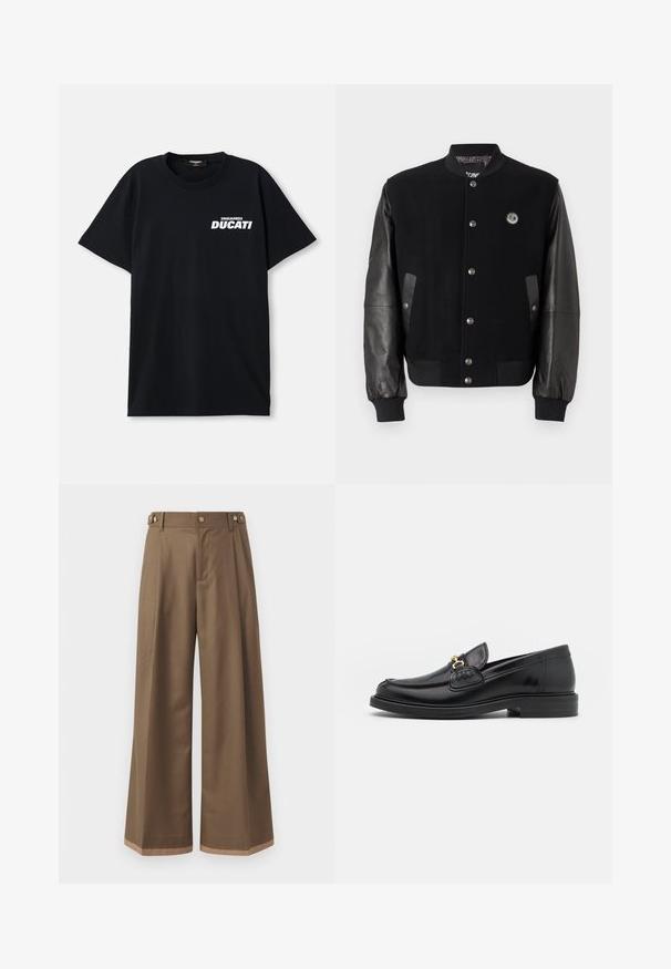 Mustaga varsity-jakk, millel on villane keha ja nahkvarrukad. Omab nööpe, kahte külgtaskut ja logo paika rinnal.; Mustad puuvillane T-särk lühikeste varukatega, millel on ees vasakul küljel valge "DSQUARED2 DUCATI" logo. Ümar krae.; Laiad sääred tumepruunides pükstes, millel on kaks küljetaskut, kaks dekoratiivset nupukest ees ja kontrastne äärise detail.; Mustad nahast loafers ümarate varvastega, millel on kuldne riistvaraline aksessuaar ja tikandite detail, paigutatud madalale, tekstureeritud kummist tallale.