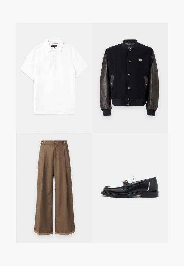 Sort varsity jakke med uldkrop og læderærmer. Har trykknapper, to sidelommer og et logo-patch på brystet.; Hvid polo-shirt lavet af åndbart bomuldsblanding, med krave, korte ærmer og tre-knaps placket. Glat tekstur, ingen mønstre.; Bredde ben bukser i et mørkebrunt stof, der har to sidelommer, to dekorative forreste knapper og en kontrast kant.; Sort læder loafers med rund tå, hvide detaljer og guldbelagte metaldele på vamps. Har et struktureret patch og stablet hæl.