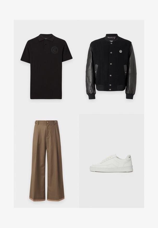 Svart varsityjacka med ullkropp och läderärmar. Har tryckknappar, två sidofickor och ett logomärke på bröstet.; Svart pikétröja i bomull med en plaggknäppning med tre knappar och en tonad rund logotyp på vänster bröst. Korte ärmar och rak nederkant.; Breda byxor i en mörkbrun tyg, med två sidofickor, två dekorativa framknappar och en kontrasterande detalj i nederkanten.; Vita lädersneakers med en jämn yta, rund tå, platta snörningar och en strukturerad sula. Har en diskret logotyp på hälen.