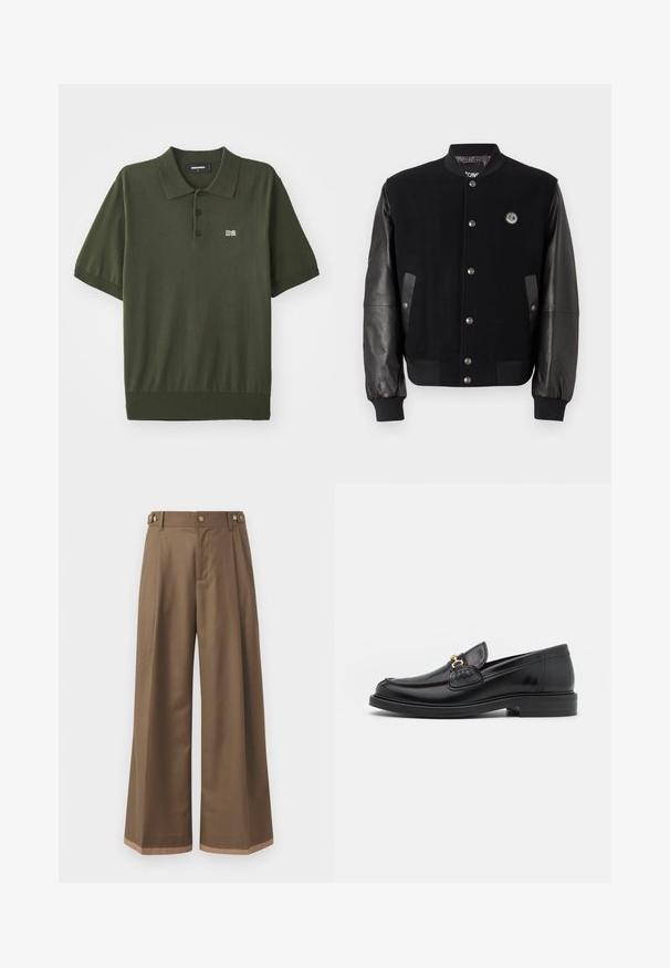 Fekete egyetemi dzseki gyapjús testtel és bőr ujjakkal. Kaponás gombokkal, két oldalsó zsebbel és logóval ellátott folttal a mellkason.; Sötétzöld póló, kötött anyagból készült. Klasszikus gallérral, három gombbal, rövid ujjakkal rendelkezik, és egy kicsi "D2" logó található a mellkasán.; Sötétbarna anyagú, bővített szárú nadrág, két oldalsó zsebbel, két díszítő elülső gombbal és kontrasztos szegérrésszel.; Fekete bőr loaferek, lekerekített orral, aranyszínű fémrész és varrási részletek díszítik, alacsony, strukturált gumitalpon.