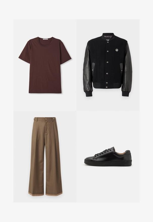 Black varsity jacket with wool body and leather sleeves. Features snap buttons, two side pockets, and a logo patch on the chest.; Dark burgundy short-sleeve t-shirt made from soft cotton. Features a round neckline and a relaxed fit with no visible patterns or hardware.; Wide-leg trousers in a dark brown fabric, featuring two side pockets, two decorative front buttons, and a contrast hem detail.; Black leather sneaker with a smooth finish, round toe, and black laces. Features minimal branding on the heel and a rubber outsole.