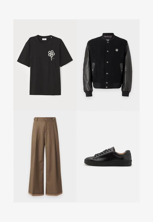 Zwarte varsityjack met een wollen lichaam en leren mouwen. Voorzien van drukknoopsluitingen, twee zijzakken en een logopatch op de borst.; Zwart katoen T-shirt met een ronde halslijn en korte mouwen, voorzien van een witte geborduurde bloemontwerp op de linker borst.; Wijdvallende broek in een donkerbruine stof, met twee zijzakken, twee decoratieve knopen aan de voorkant en een contrasterende zoomdetail.; Zwarte leren sneaker met een gladde afwerking, ronde neus en zwarte veters. Heeft minimale branding op de hiel en een rubberen buitenzool.