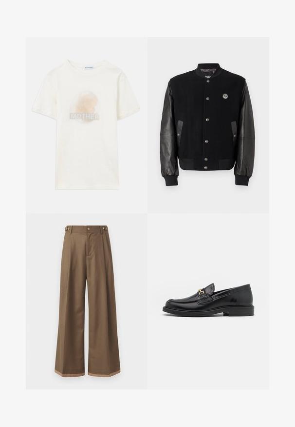 Chaqueta de varsity negra con cuerpo de lana y mangas de cuero. Presenta botones a presión, dos bolsillos laterales y un parche de logo en el pecho.; Camiseta de manga corta color blanco roto con una imagen circular desvanecida del perfil de un niño y la palabra "MADRE" impresa debajo.; Pantalones de pierna ancha en un tejido marrón oscuro, con dos bolsillos laterales, dos botones decorativos en la parte delantera y un detalle de dobladillo en contraste.; Mocasines de cuero negro con punta redondeada, que cuentan con un detalle de herrajes dorados y costuras, situados sobre una suela de goma texturizada y baja.