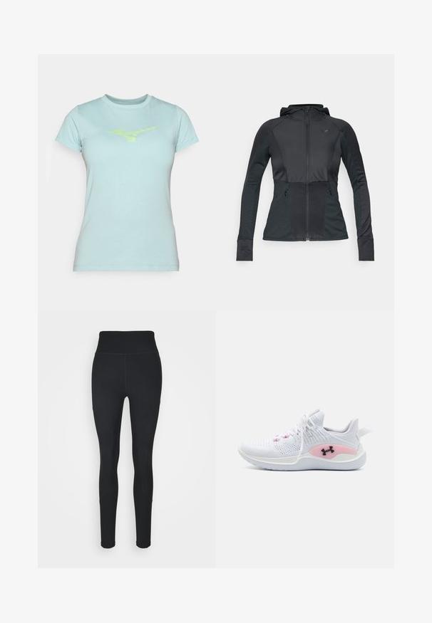 Juodas sportinis švarkas su užtrauktuku priekyje, gobtuvu, tekstūruotomis dalimis ir dviem šoniniais kišenėmis. Ypatybė - prigludęs dizainas ir kontrastingas siuvinėjimas.; Šviesiai mėlynas medvilninis marškinėlis trumpomis rankovėmis ir apvaliu kaklu, priekyje su atspindinčiu žaliu logotipu. Lygus paviršius, elegantiškas siluetas.; Juodos tamprės, pagamintos iš elastingos medžiagos, su aukštu liemeniu, šoninėmis raukšlėmis ir priglundančia forma, siaurėjančia ties kulkšnimis.; Balti sportiniai bateliai su rožine akcentu ir juodu Under Armour logotipu, mezginio viršus ir baltas padas, rodomi iš kairės pusės.