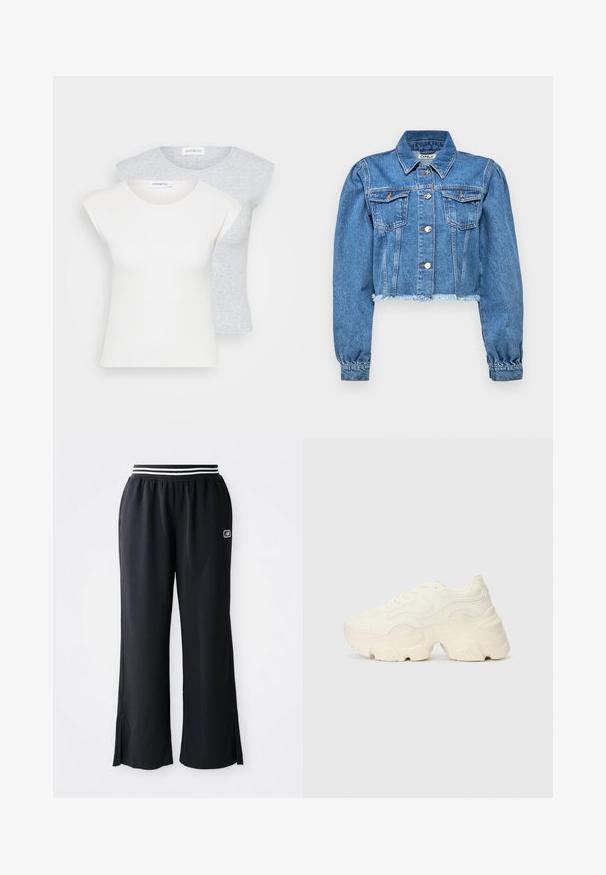 Zkrácená džínová bunda světle modré barvy, se dvěma náprsními kapsami, stříbrnými knoflíky a manžetami s třepeným okrajem.; Dvě přiléhavá trička v bílé a světle šedé barvě. Obě mají krátké rukávy, kulatý výstřih a žebrovanou strukturu. Vyrobena z měkké látky.; Černé sportovní kalhoty s širokým nohavicovým designem, elastickým pasem s černobílými pruhy a bočními rozparky na lemu.; Chunky bílé tenisky vyrobené z texturované síťoviny a syntetických materiálů, s tlustou podrážkou a složitými vzorovými detaily podél stran.
