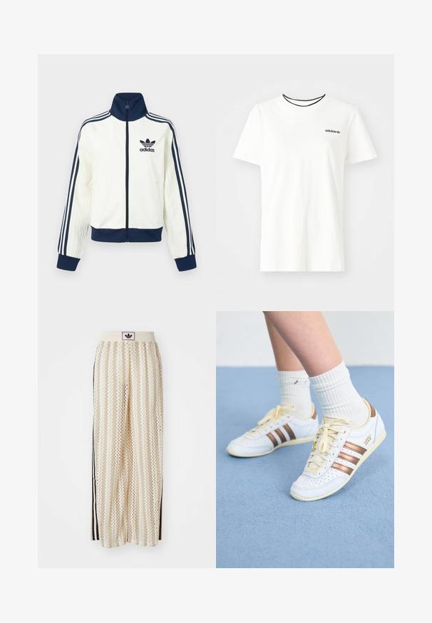 Hvit atletisk jakke med marineblå krage og mansjetter, med tre marineblå striper langs hver arm og en preget tekstur på ermene.; Hvit bomull t-skjorte med korte ermer og rund hals. Har en svart Adidas-logo på brystet og en kontrasterende svart indre krage.; Kremfargede bukser med brede ben og zigzag-mønster, med en svart logo-linning og svarte striper på siden. Lett, teksturert stoff.; Hvite sneakers med bronse-striper, teksturert skinn, gule snører og perforerte detaljer. Brukt med hvite ribbede sokker på en myk blå overflate.