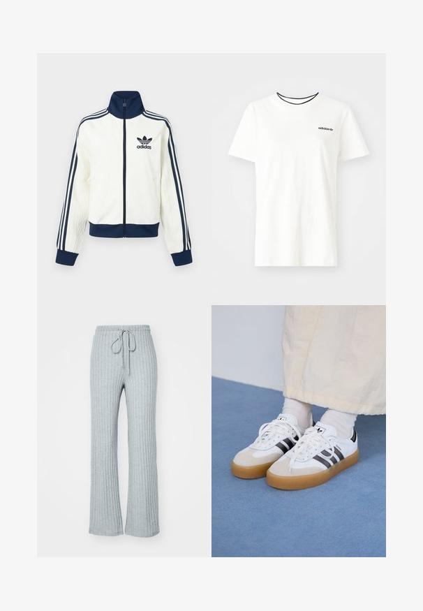 White athletic jacket with a navy collar and cuffs, features three navy stripes along each arm, and an embossed texture on the sleeves.; White cotton t-shirt with short sleeves and a round neckline. Features a black Adidas logo on the chest and a contrasting black inner collar.; Light grey ribbed sweatpants with a drawstring waist, flared legs, and a soft texture. The design features vertical stripes throughout.; White sneakers with black stripes and beige suede accents. Feature a textured gum sole and flat white laces, worn with light-colored socks.