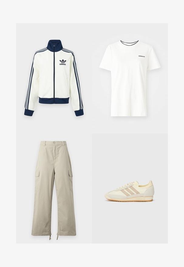 Hvit atletisk jakke med marineblå krage og mansjetter, med tre marineblå striper langs hver arm og en preget tekstur på ermene.; Hvit bomull t-skjorte med korte ermer og rund hals. Har en svart Adidas-logo på brystet og en kontrasterende svart indre krage.; Lysebeige cargo-bukser med avslappet passform, featuring knappelukking, sidelommer og justerbar hem med snorer. Slitesterk tekstur.; Kremfargede joggesko med tre beige striper, laget av semsket skinn og tekstilmaterialer, med en teksturert såle og preget merkevare på hælen.