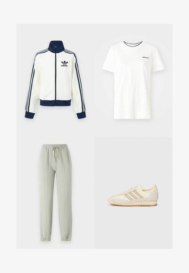 Balta sportinė striukė su tamsiai mėlynu apykakle ir rankogaliais, su trimis tamsiai mėlynomis juostelėmis ant kiekvienos rankovės ir iškilio tekstūra rankovėse.; Balta medvilnė marškinėliai su trumpomis rankovėmis ir apvalia iškirpte. Ant krūtinės yra juodas Adidas logotipas, o vidinė apykaklė yra kontrastinga juoda.; Šviesiai žali sportiniai džinsai su elastinga juosmens juosta, reguliuojama raišteliu ir susiaurėjančiais rankogaliais. Priekyje yra vertikalūs siūlių detalės.; Kreminių spalvų sportiniai bateliai su trimis bežinėmis juostelėmis, pagaminti iš zomšos ir tekstilės medžiagų, su tekstūruota baze ir įspaustu prekiniu ženklu ant kulno.