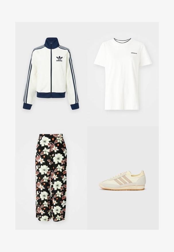 Bela atletska jakna z mornarsko modrim ovratnikom in manšetami, s tremi mornarsko modrimi črtami na vsaki roki ter embosirano teksturo na rokavih.; Bela bomba majica iz bombaža s kratkimi rokavi in okroglim izrezom. Ima črni Adidas logotip na prsih ter kontrastni črni notranji ovratnik.; Črne cvetlične hlače z velikimi belimi, oranžnimi in rjavimi cvetovi, ohlapen in širok kroj ter izdelane iz mehkega in lahkega materiala.; Kremna atletska teniska obutev z tremi bež črtami, usnjatom in tekstilnim materialom, teksturiranim podplatom ter embosiranim logotipom na peti.