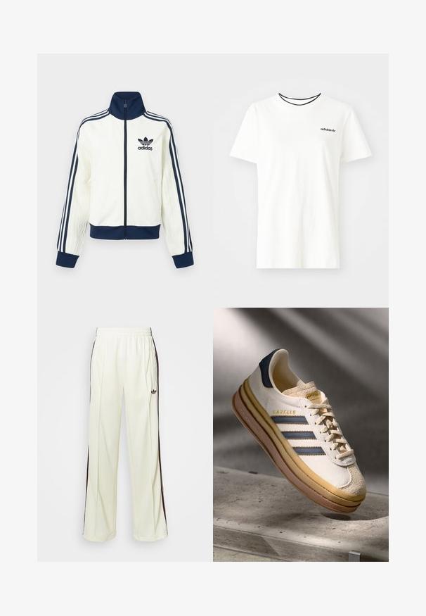 Wit sportjack met een marineblauwe kraag en manchetten, voorzien van drie marineblauwe strepen langs elke arm en een reliëfstructuur op de mouwen.; Witte katoenen t-shirt met korte mouwen en een ronde halslijn. Heeft een zwart Adidas-logo op de borst en een contrasterende zwarte binnenkraag.; Crème-kleurige sweatpants met een relaxte pasvorm, voorzien van donkerbruine zijstrepen en een geborduurd logo op de linkerdij.; Adidas Gazelle sneaker met een crème suède bovenwerk, blauwe leren accenten, drie blauwe strepen, beige tussenzool en een bruine rubberen outsole.