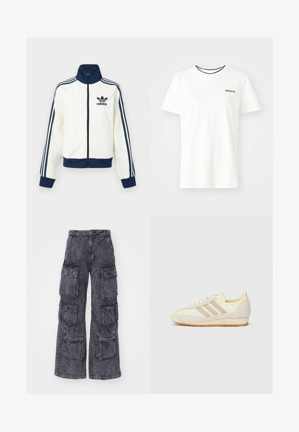 Valge sportjakk mereväe värvi krae ja mansettidega, millel on kolm mereväe triipu igal varrukal ning reljeefne tekstuur varrukatel.; Valge puuvillasest t-särgist lühikeste varrukatega ja ümarate kaelustega. Rinnal on must Adidas'i logo ning kontrastne must sisekaelus.; Alpha Industries MULTIPOCKET PANT - Kargopüksid - black; Kreem värvi spordijalats, millel on kolm beeži triipu, sametist ja tekstiilist materjalid, tekstureeritud tallaosa ning reljeefne bränding kandadel.