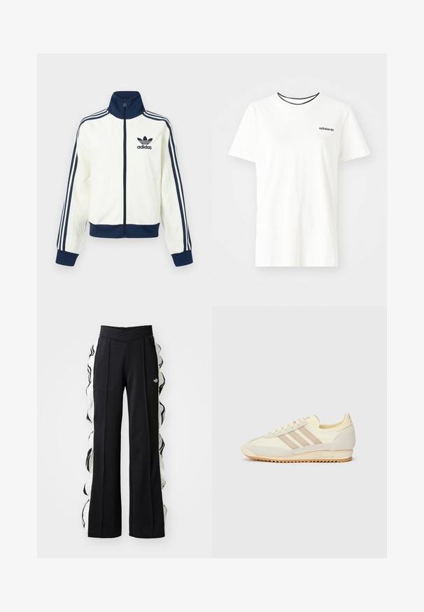 White athletic jacket with a navy collar and cuffs, features three navy stripes along each arm, and an embossed texture on the sleeves.; White cotton t-shirt with short sleeves and a round neckline. Features a black Adidas logo on the chest and a contrasting black inner collar.; Black athletic pants with a textured waistband, featuring white side panels and ruffled detailing, and an embroidered logo on the front.; Cream athletic sneaker featuring three beige stripes, suede and textile materials, a textured sole, and embossed branding on the heel.