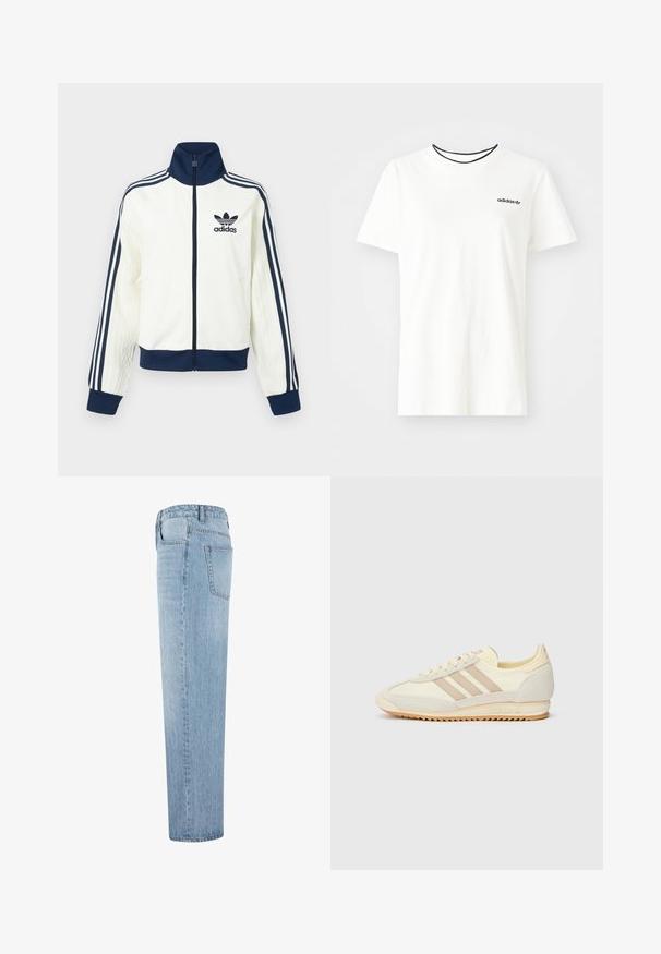 Hvit atletisk jakke med marineblå krage og mansjetter, med tre marineblå striper langs hver arm og en preget tekstur på ermene.; Hvit bomull t-skjorte med korte ermer og rund hals. Har en svart Adidas-logo på brystet og en kontrasterende svart indre krage.; Lyseblå rettslengde denimjeans med høy midje og synlig baklomme, vist fra siden mot en hvit bakgrunn.; Kremfargede joggesko med tre beige striper, laget av semsket skinn og tekstilmaterialer, med en teksturert såle og preget merkevare på hælen.