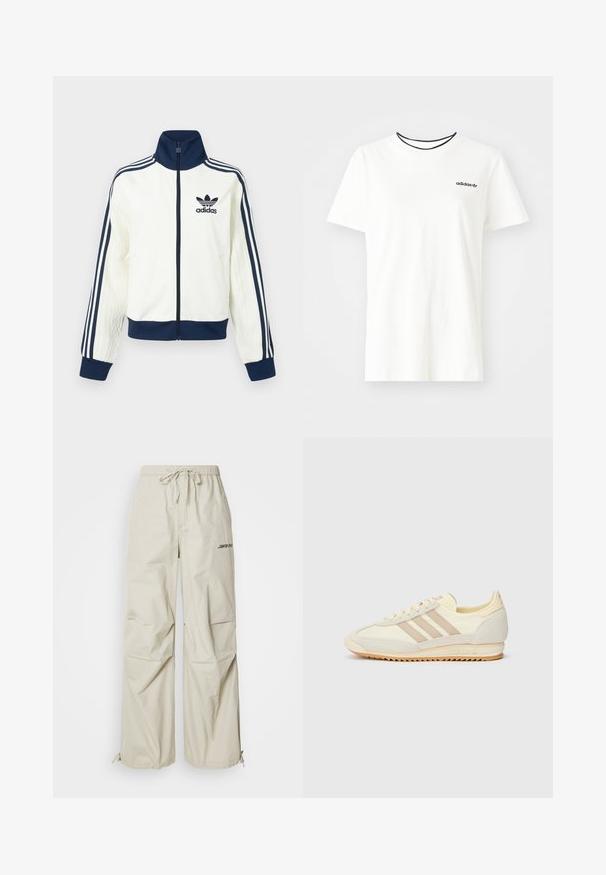 Bela atletska jakna z mornarsko modrim ovratnikom in manšetami, s tremi mornarsko modrimi črtami na vsaki roki ter embosirano teksturo na rokavih.; Bela bomba majica iz bombaža s kratkimi rokavi in okroglim izrezom. Ima črni Adidas logotip na prsih ter kontrastni črni notranji ovratnik.; Bež hlače širokega kroja iz lahkotnega materiala. Imajo elastiko v pasu z vrvico in potiskan logotip na strani.; Kremna atletska teniska obutev z tremi bež črtami, usnjatom in tekstilnim materialom, teksturiranim podplatom ter embosiranim logotipom na peti.