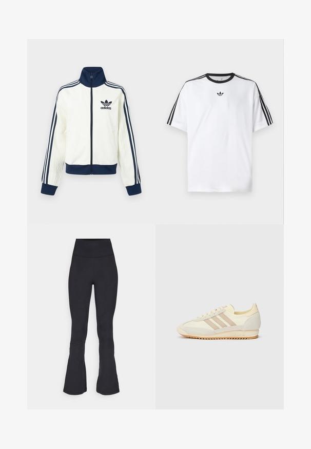 Giacca sportiva bianca con colletto e polsini blu navy, presenta tre strisce blu navy lungo ogni braccio e una texture in rilievo sulle maniche.; Maglietta bianca in cotone, con scollatura rotonda nera e tre strisce nere su ciascuna spalla. Piccolo logo nero sul petto.; Leggings neri a palazzo realizzati in tessuto elasticizzato, caratterizzati da una vita alta, una superficie liscia e dettagli di cucitura sottili.; Sneaker sportivo crema con tre strisce beige, materiali in suede e tessuto, suola testurizzata e logo in rilievo sul tallone.